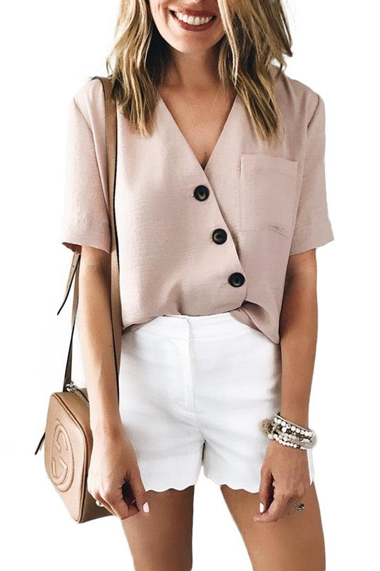 Blush Short Sleeve 4-Button Blouse